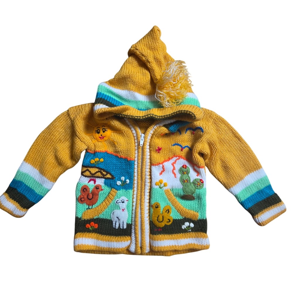 (SZ)Vintage Alpaca Peru Hooded Cardigan Sweater Llama Cactus Pom Pom Applique